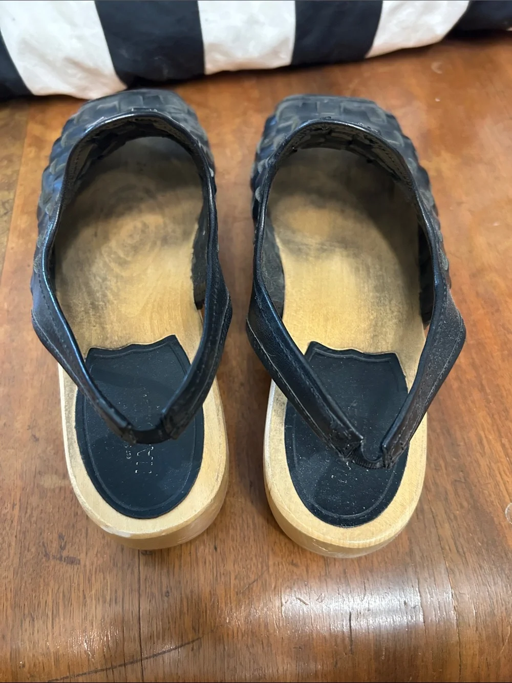 Swedish Hasbeens Black Woven Leather Wedge Clogs